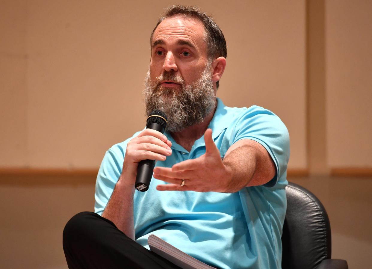 Recently appointed trustee of New College of Florida, Jason "Eddie" Speir, speaks to faculty and staff of New College during a meeting Wednesday morning in Sarasota.