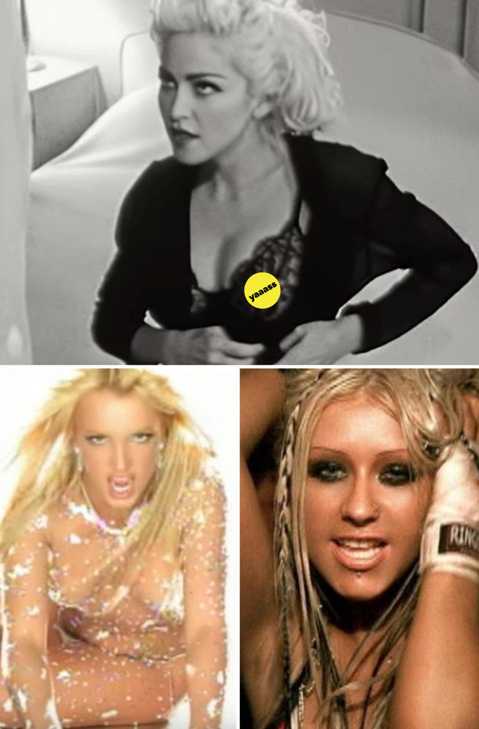 Madonna in her "Justify My Love" music video; Spears in her "Toxic" music video; Aguilera in her "Dirrty" music video