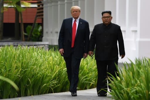 US President Donald Trump (L) first met North Korean leader Kim Jong Un in Singapore on June 11, 2018