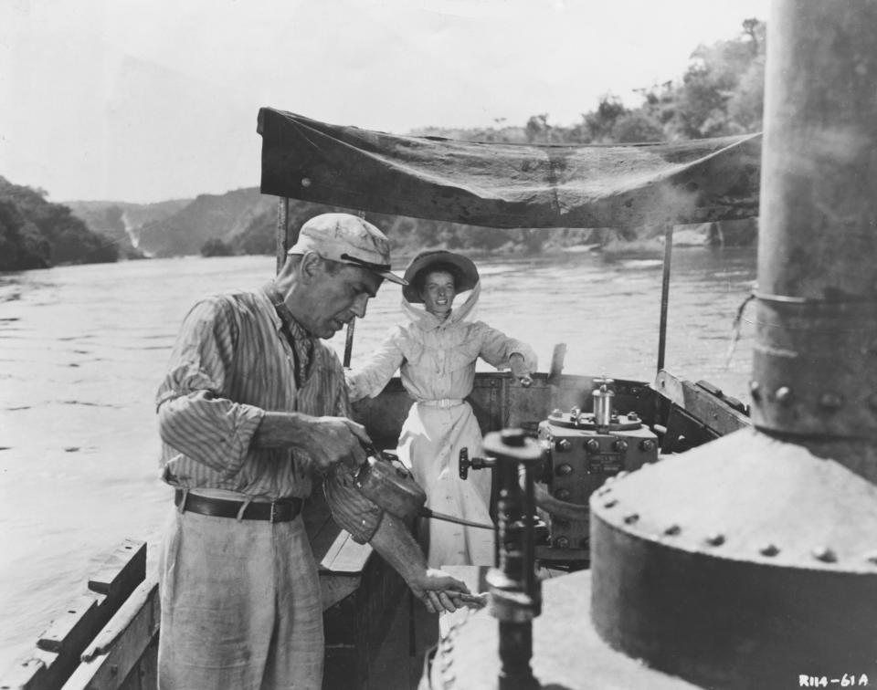 Humphrey Bogart as Charlie Allnut and Katharine Hepburn as Rose Sayer in the 1951 film The African Queen