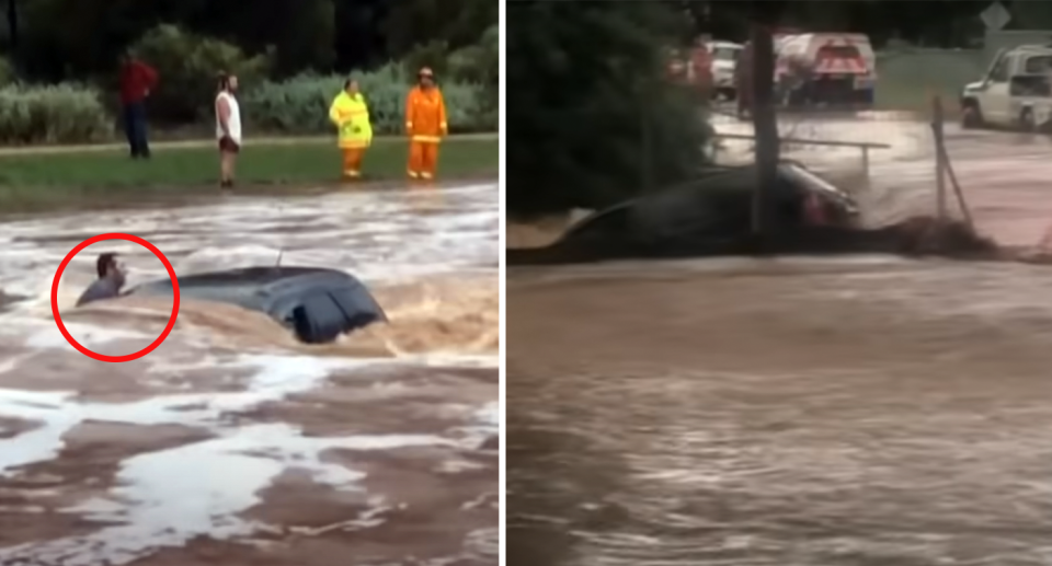 A man in his 60s is lucky to be alive after a miraculous escape from raging floodwaters. Source: 7News. 