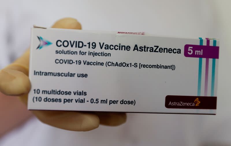 FILE PHOTO: A box of AstraZeneca's COVID-19 vaccine is seen in Vienna