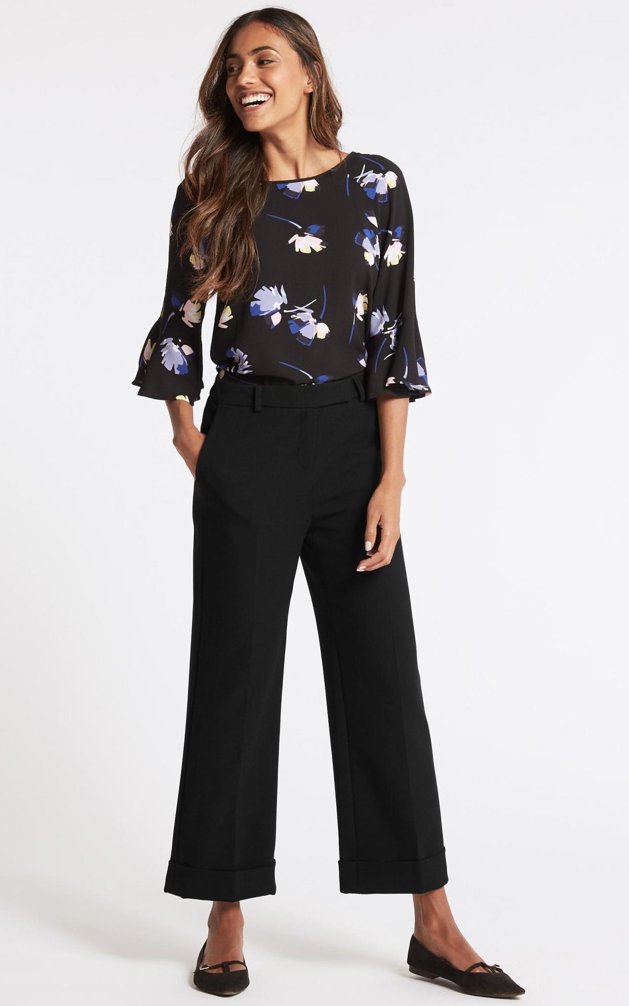 Printed blouse, £35 and wide-leg trousers, £35, M&S