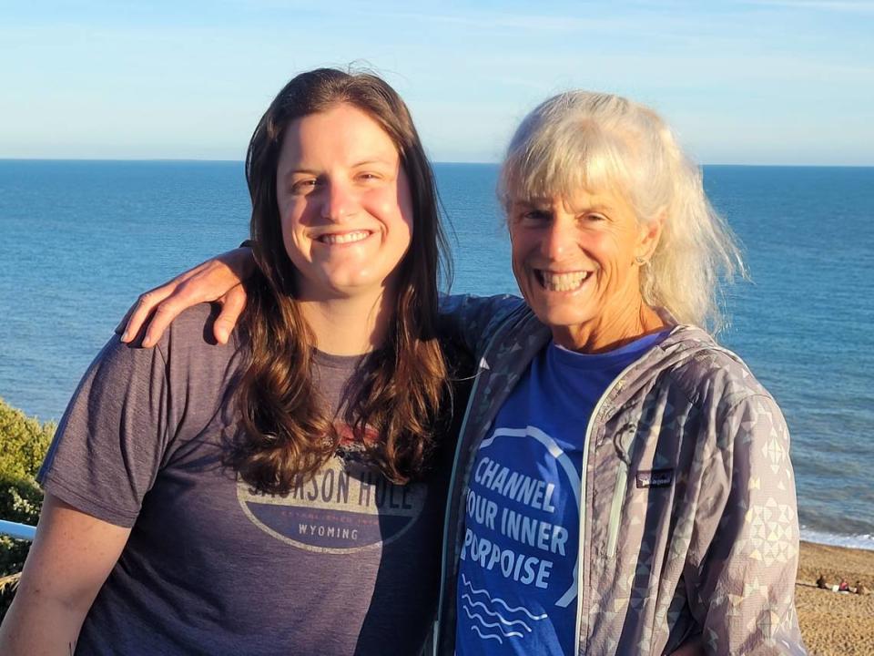 Molly Sanborn, left, and her mother Kay Sanborn, photographed together in England before Molly’s swim.