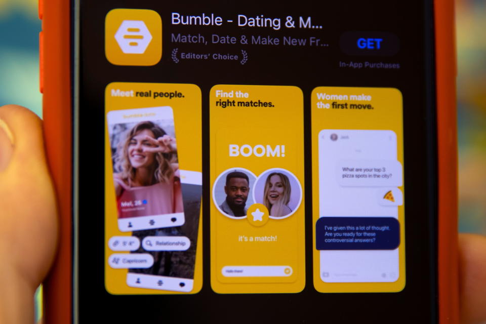 The Bumble Inc. (BMBL) app is shown on an Apple iPhone in this photo illustration as the dating app operator made its debut IPO on the Nasdaq stock exchange February 11, 2021.       REUTERS/Mike Blake/Illustration
