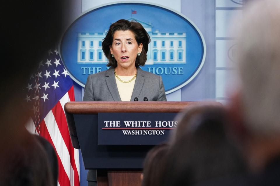 Commerce Secretary Gina Raimondo speaks during the daily briefing in the Brady Briefing Room of the White House in Washington, DC on  November 9, 2021. (Photo by MANDEL NGAN / AFP) (Photo by MANDEL NGAN/AFP via Getty Images)