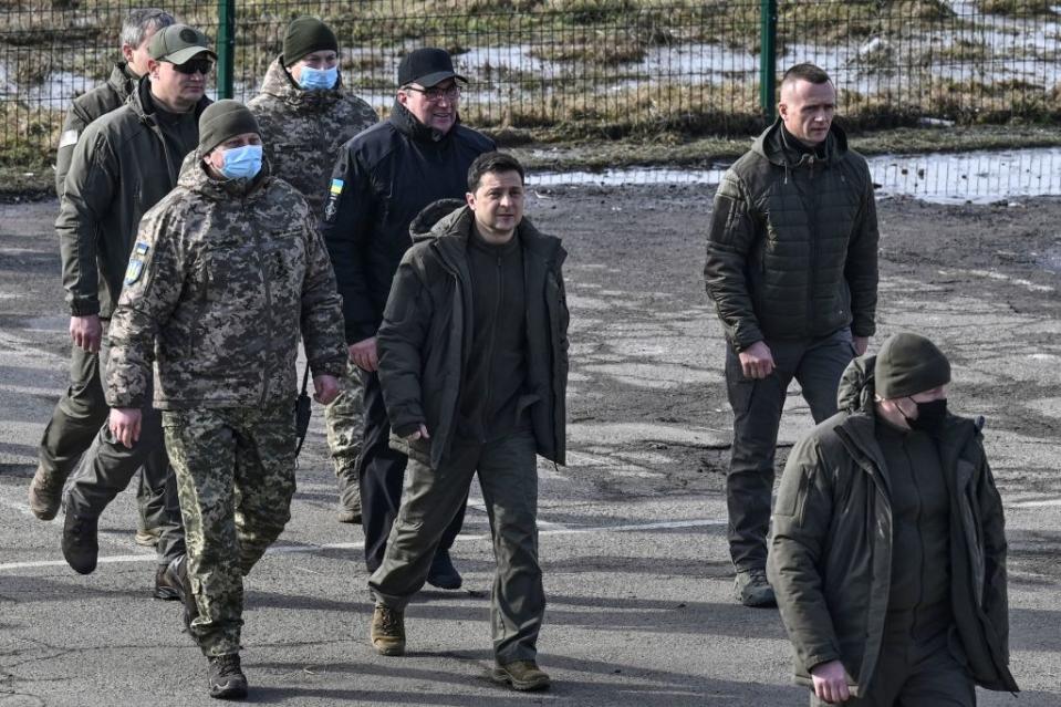 President Zelensky attends a military drill outside the city of Rivne, northern Ukraine on February 16, 2022.<span class="copyright">Aris Messinis—AFP/Getty Images</span>