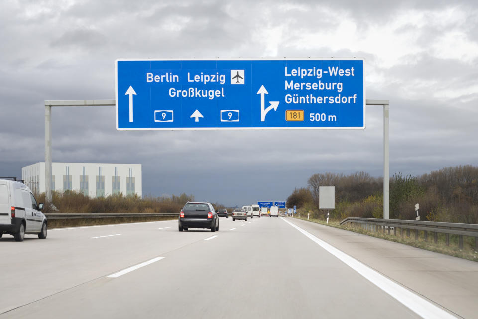 Road sign on German autobahn – next exit Leipzig-West. Photo: Getty