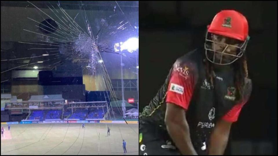 Chris Gayle smashed a window with a six during a CPL 2021 match. Photo-Twitter