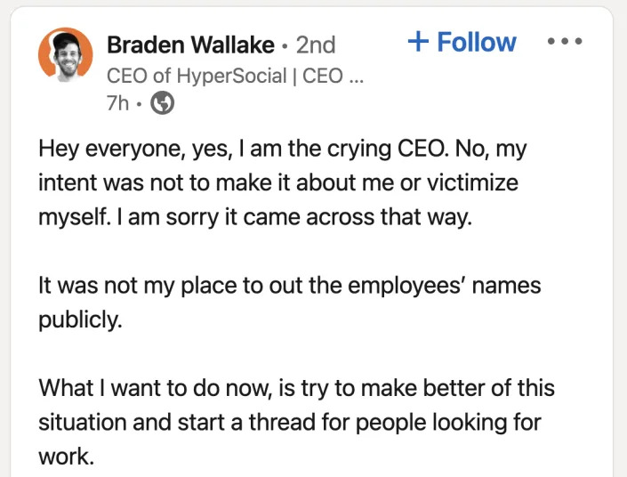 post from Braden saying it wasn't his intent to make it about himself and he's starting a thread for people who are looking for work