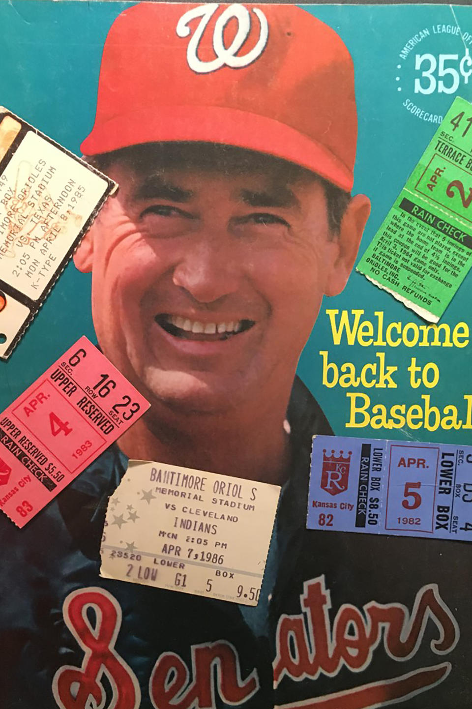 The Washington Senators 1969 opening day program featuring Ted Williams, adorned with ticket stubs from opening days in the 1980's is shown in New York, Monday, March 23, 2020. To baseball fans, opening day is an annual rite of spring that evokes great anticipation and warm memories. This year's season was scheduled to begin Thursday, March 26, 2020, but there will be no games for a while because of the coronavirus outbreak. (AP Photo/Ben Walker)