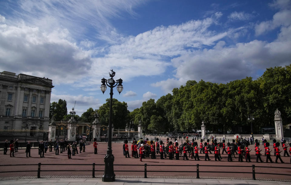 <p>The coffin of Queen Elizabeth II leaves Buckingham Palace for Westminster Hall in London, Wednesday, Sept. 14, 2022. Christophe Ena/Pool via REUTERS</p> 