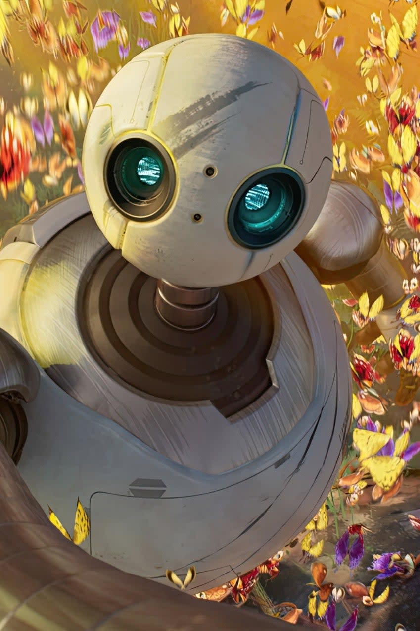 Animated robot in a colorful field of flowers, looking upwards