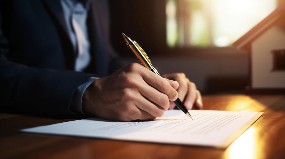 A close-up of a homeowner signing a mortgage contract.