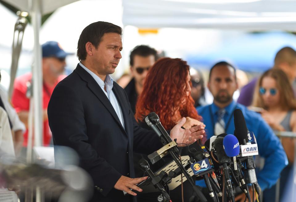 Gov. Ron DeSantis speaks about the partial collapse at the Champlain Towers South condo building during a press conference on Friday, July 2, 2021, in Surfside. The death toll stands at 20 people with 128 people still unaccounted for and 188 people accounted for.