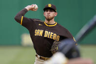 San Diego Padres starting pitcher Joe Musgrove delivers during the first inning of the team's baseball game against the Pittsburgh Pirates in Pittsburgh, Wednesday, April 14, 2021. (AP Photo/Gene J. Puskar)