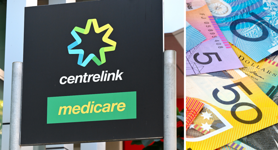 Composite image of Centrelink sign and Australian money. Centrelink payments concept.