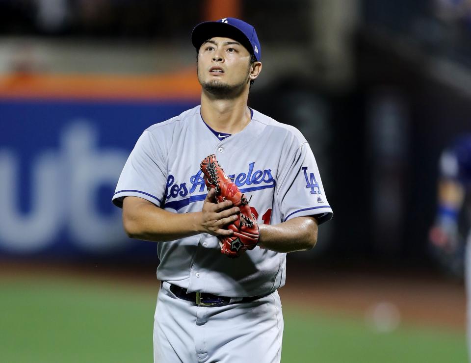 Yu Darvish pitched seven scoreless innings and struck out 10 in his dazzling debut for the Los Angeles Dodgers. (Getty Images)