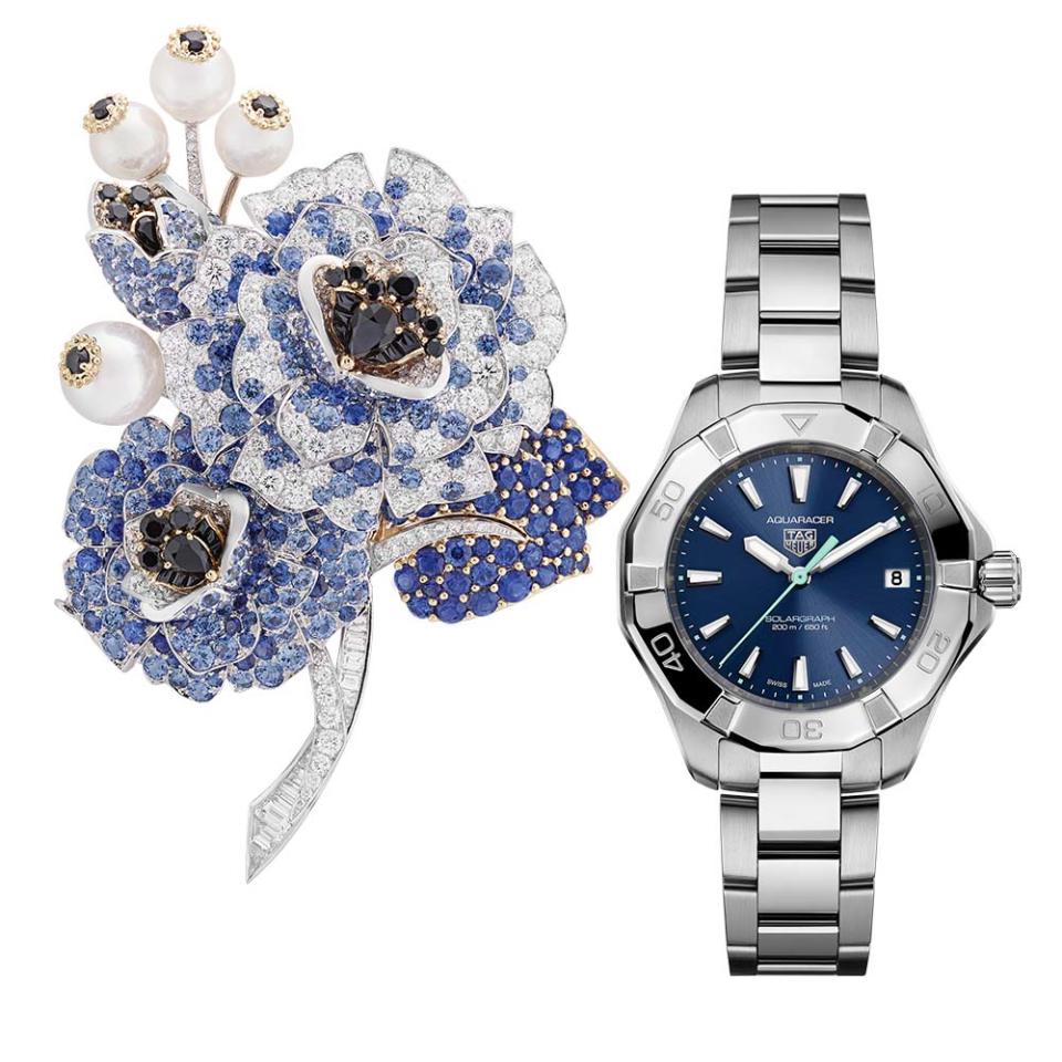 Left: Van Cleef & Arpels’ Pensées clip is crafted of sapphires, spinels, pearls and diamonds; price upon request, at Van Cleef & Arpels, South Coast Plaza, Costa Mesa. Right: TAG Heuer’s new 40mm Aquaracer Professional 200 Solargraph features an intense blue sunray dial; $2,350, at Westime, Beverly Hills