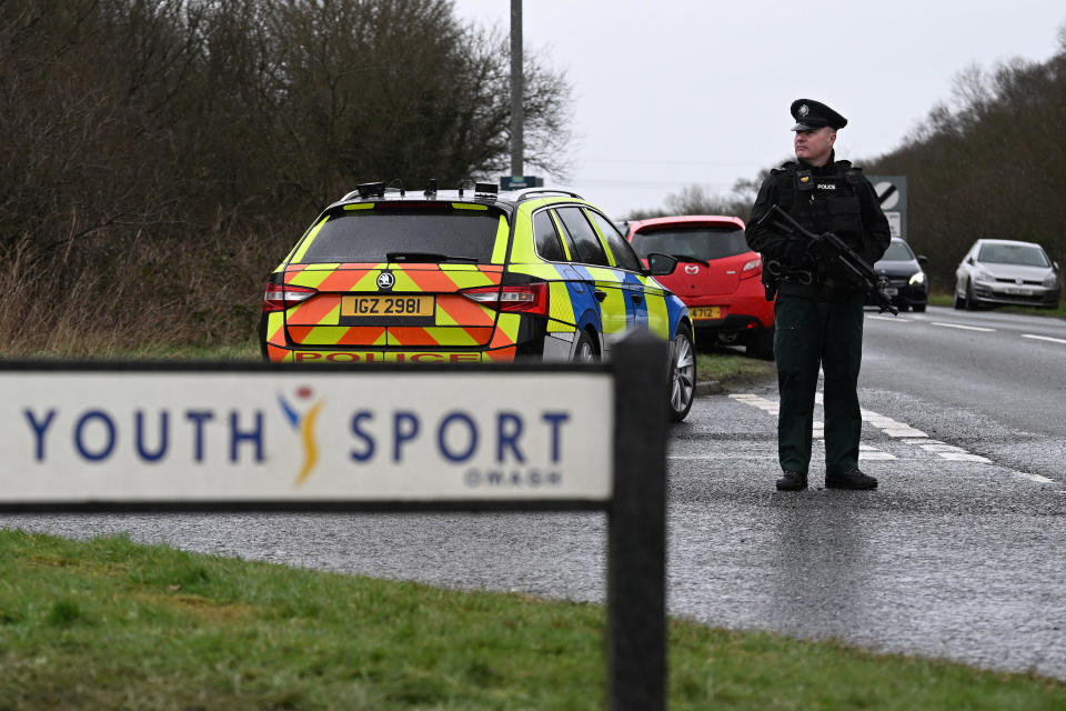 Police patrol the scene where a high profile Northern Ireland police officer was shot outside a youth sports center, February 23, 2023 in Omagh, Northern Ireland. / Credit: Charles McQuillan/Getty