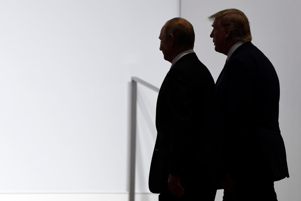 Presidents Donald Trump and Vladimir Putin at a summit in Osaka, Japan, on June 28, 2019.