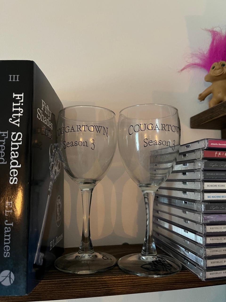 Quinn Ward keeps her Cougar Town wine glasses as decoration in her bedroom.