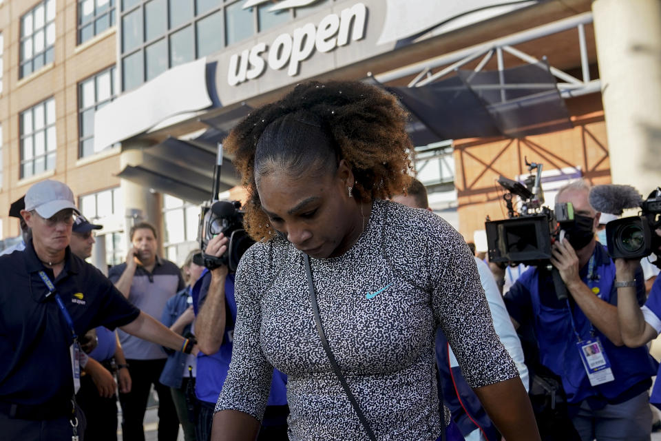 Serena Williams walks to a practice session before playing against Danka Kovinic, of Montenegro, during the first round of the US Open tennis championships, Monday, Aug. 29, 2022, in New York. (AP Photo/John Minchillo)
