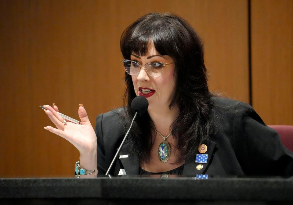 Sen. Justine Wadsack during a Senate judiciary hearing where a brass knuckles bill is being proposed on Feb. 1, 2024, after the beating of Connor Jarnagan outside of a Gilbert In-N-Out Burger in late 2022.