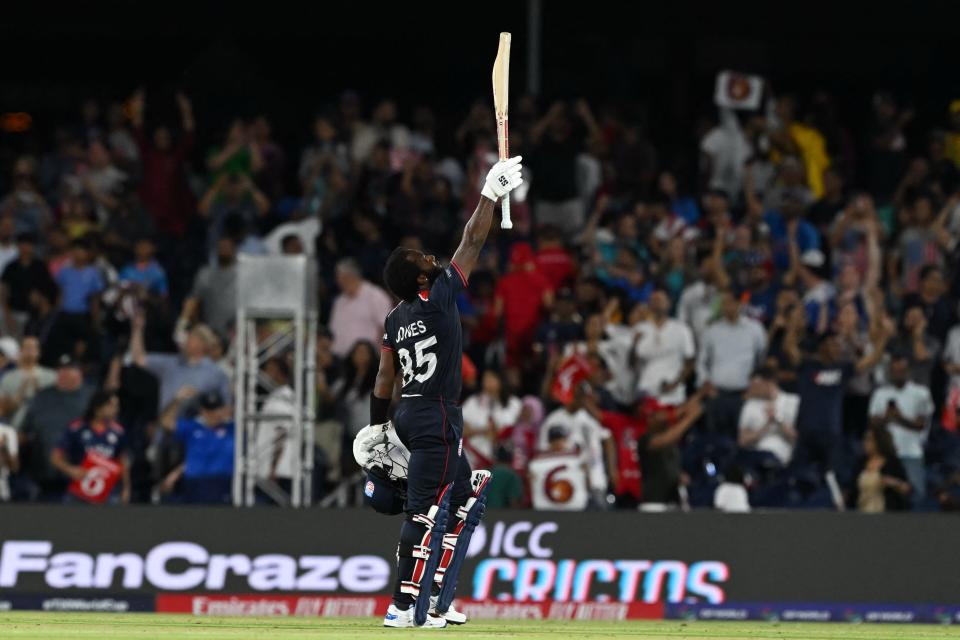 USA's vice-captain Aaron Jones celebrates winning the ICC men's Twenty20 World Cup 2024 group A cricket match against Canada at the Grand Prairie Cricket Stadium in Grand Prairie, Texas on June 1, 2024.
