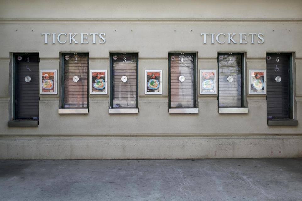 Empty ticket windows are seen at Camden Yards ballpark before the start of the Baltimore Orioles against Chicago White Sox America League baseball game in Baltimore, Maryland April 29, 2015. In what will be a first for Major League Baseball, the Baltimore Orioles will host the Chicago White Sox on Wednesday in a stadium closed to fans as Baltimore copes with some of the worst U.S. urban rioting in years.REUTERS/Shannon Stapleton