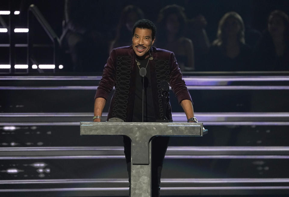 Inductee Lionel Richie speaks during the Rock & Roll Hall of Fame Induction Ceremony on Saturday, Nov. 5, 2022, at the Microsoft Theater in Los Angeles. (AP Photo/Chris Pizzello)