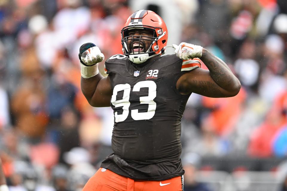 CLEVELAND, OHIO - DECEMBER 17: Shelby Harris #93 of the Cleveland Browns celebrates a tackle during the third quarter of a game against the Chicago Bears at Cleveland Browns Stadium on December 17, 2023 in Cleveland, Ohio. (Photo by Nick Cammett/Getty Images)