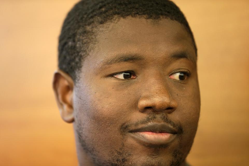 Kelvin Beachum talks to reporters after a practice at the NFL football team's training camp in Florham Park, N.J., Tuesday, May 29, 2018.
