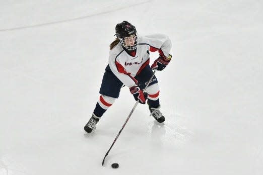 Abby Pieper, shown here playing hockey, suffered a head injury while playing the sport in December that sidelined her for five-plus months.