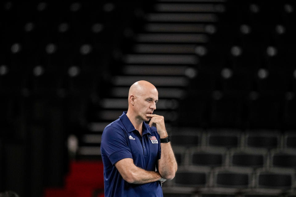 United States' head coach John Speraw gerstures during a men's volleyball preliminary round pool B match between Brazil and United States at the 2020 Summer Olympics, Friday, July 30, 2021, in Tokyo, Japan. (AP Photo/Manu Fernandez)