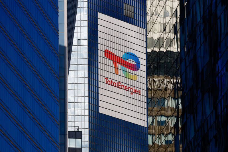 FILE PHOTO: Logo of French oil and gas company TotalEnergies in La Defense