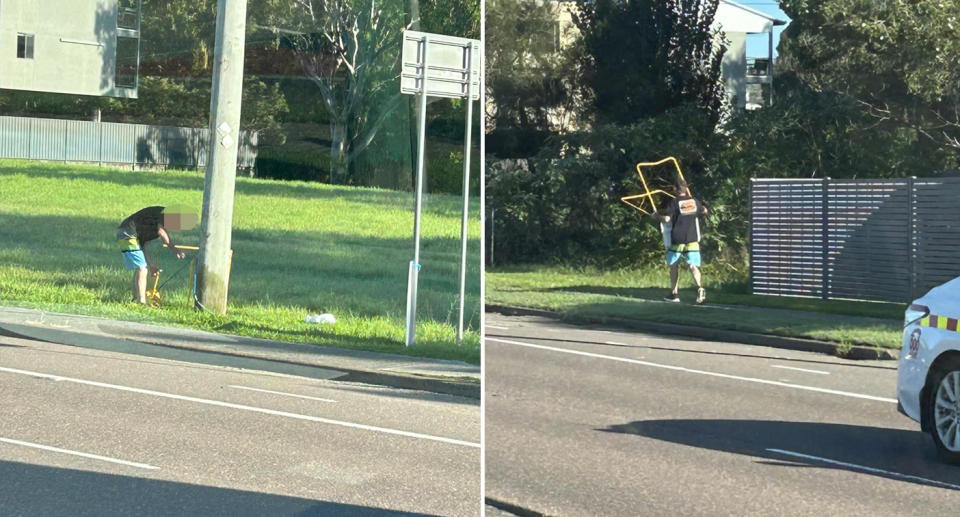 The man carrying the mobile speed camera away from the post it was leaning on, off a main road in Lake Macquarie on Monday morning. 