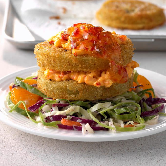 Fried Green Napoleons with Mandarin Coleslaw