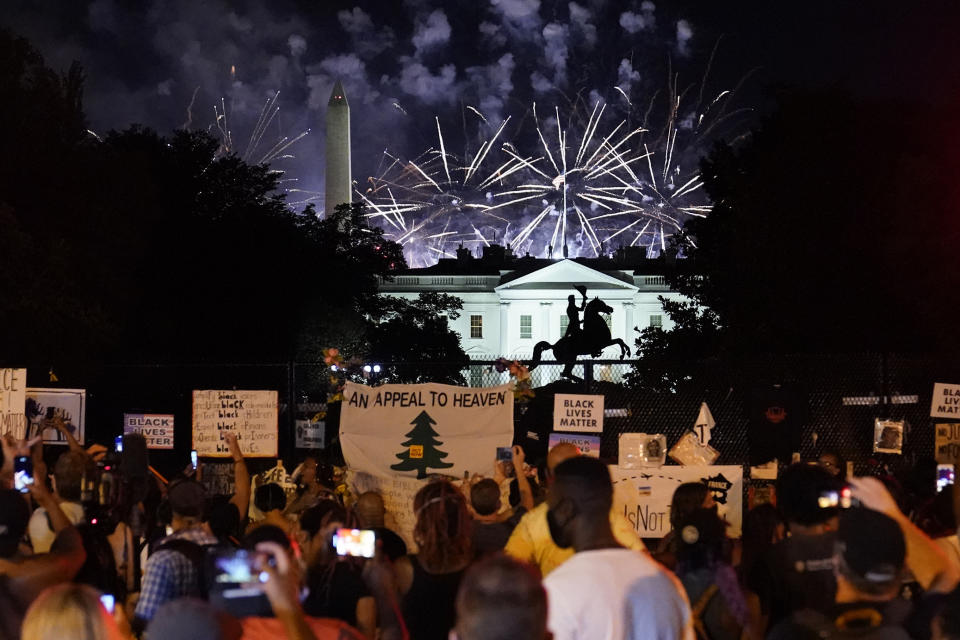 Fireworks light up the sky over Washington and the White House, after President Donald Trump delivered his acceptance speech at the White House to the 2020 Republican National Convention, Thursday, Aug. 27, 2020. (AP Photo/Julio Cortez)