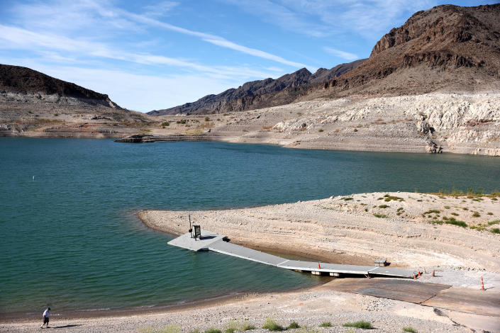 A man walks along the waterline in a landscape devoid of vegetation.