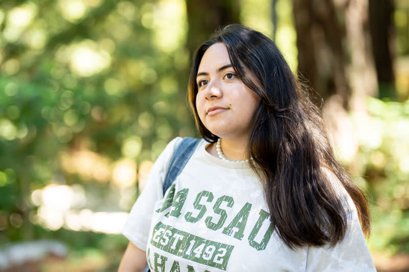 Amaya Rosas, now a junior at the University of California, Santa Cruz, is the first in her family to go to college. “That’s a lot of pressure, and I hear a lot, like, ‘How are your grades?’ ” she says. (Amanda Cain/The Hechinger Report)