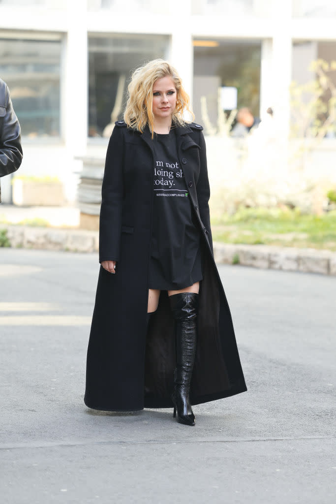 Avril Lavigne wore another Vetements look to the Courrèges runway show. (Photo by Jacopo Raule/Getty Images)