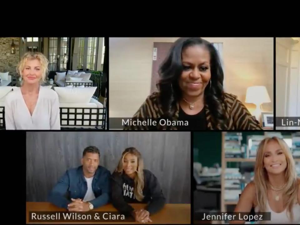 <p>Michelle Obama urges Lin-Manuel Miranda, Jennifer Lopez, Faith Hill, and more to ‘help spread the word’ about Covid vaccines</p> (NBC / ATTN:)