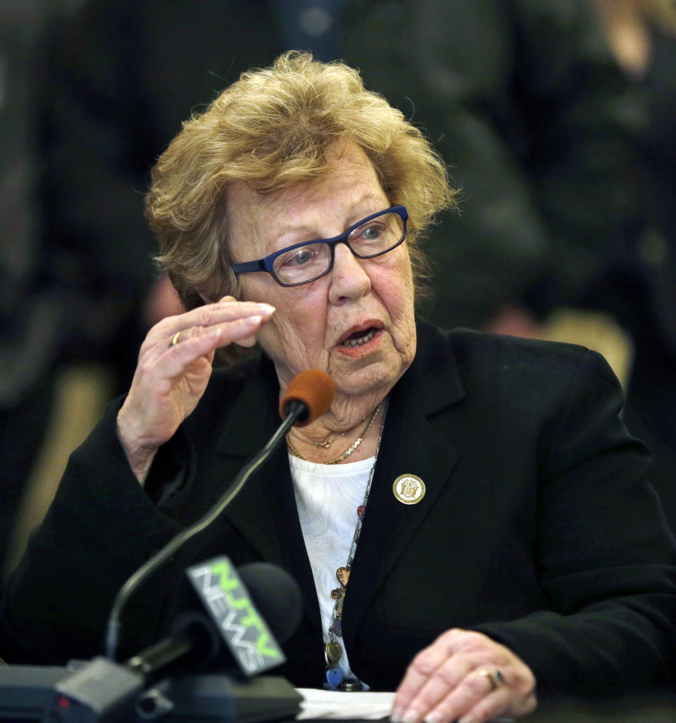 FILE - In this Jan. 14, 2016 file photo, State Sen. Loretta Weinberg, D-Teaneck, addresses a Senate committee hearing proposals to reform the Port Authority of New York and New Jersey, in Trenton, N.J. Her 2019 measure would require presidential and vice-presidential candidates to disclose five years’ worth of returns at least 50 days before the general election. It hasn’t received a hearing in the Assembly, which is also controlled by Democrats. (AP Photo/Mel Evans, File)
