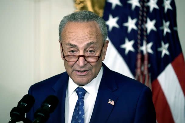 PHOTO: Senate Majority Leader Charles Schumer speaks during the signing ceremony for The Inflation Reduction Act with President Joe Biden in the State Dining Room of the White House, Aug. 16, 2022. (Drew Angerer/Getty Images)