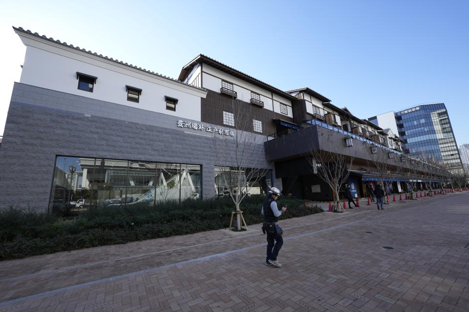 Part of "Toyosu Senkyaku Banrai," an Edo Period-themed hot spring complex is seen on during a media preview event at Toyosu Market Monday, Jan. 29, 2024, in Tokyo. Japan's biggest fish market on Thursday opened a long-awaited outer section with Japanese-style seafood restaurants and a spa for relaxation, as the wholesale venue that has struggled since relocating from the beloved Tsukiji market seeks to lure more visitors. (AP Photo/Eugene Hoshiko)