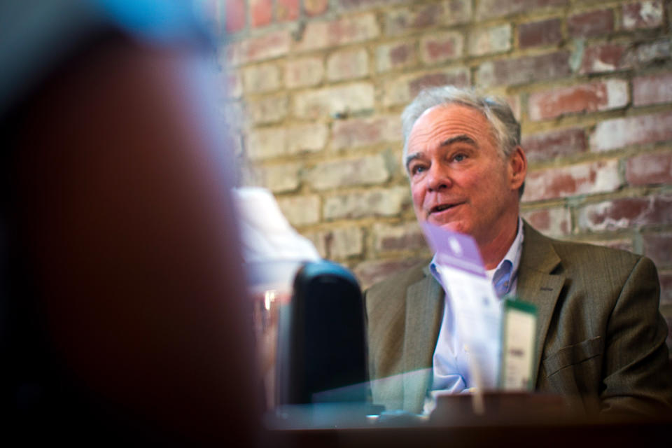 U.S. Sen. Tim Kaine, D-Va., speaks during an economic roundtable with young community leaders, Friday, Jan. 20, 2023, at Front Porch Cafe in Richmond, Va. Kaine, the 2016 Democratic vice presidential nominee and a fixture in Virginia politics for decades, said Friday that he would seek reelection next year, easing his party's worries about holding on to a seat in a state now led by a Republican governor. (AP Photo/John C. Clark)