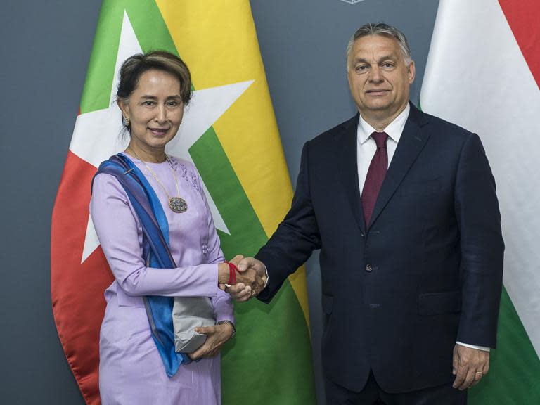 Aung San Suu Kyi, the leader of Myanmar, and Hungary’s far-right nationalist prime minister Viktor Orban both see immigration and “continuously growing Muslim populations” as one of the greatest challenges facing their countries.As part of a rare trip to Europe, Ms Suu Kyi, who has been condemned for her handling of the Rohingya refugee crisis, met the Hungarian leader in Budapest on Wednesday.“The two leaders highlighted that one of the greatest challenges at present for both countries and their respective regions – south-east Asia and Europe – is migration,” the Hungarian government said in a statement after the meeting.“They noted that both regions have seen the emergence of the issue of co-existence with continuously growing Muslim populations.”Mr Orban said Hungary was in favour of trade cooperation between Myanmar and the EU, but rejects “attempts at the export of democracy”.He said the bureaucrats in Brussels and the West “seek to conflate unrelated issues such as economic cooperation and internal political questions”, according to the statement.The far-right leader has repeatedly clashed with the EU over the issue of immigration after his government declared “a crisis situation due to mass immigration” in 2015.Mr Orban has called for immigration be controlled by national governments, not EU bureaucrats, and says he will resist any EU-wide attempt to strip Hungary of its right to protect its borders.His government was accused of using anti-migrant rhetoric that fuels “xenophobic attitudes, fear and hatred” in a report by the Council of Europe’s commissioner for human rights.After his meeting with Myanmar’s leader, Mr Orban said he had “great respect for Aung San Suu Kyi and all she has done for her country’s freedom and democratic transformation”.Ms Suu Kyi was once lauded as a champion of democracy after being elected as civilian leader in 2015 following 15 years of house arrest for opposing Myanmar’s military dictatorship. But she has since fallen from grace on the world stage after failing to condemn the military’s violent crackdown on the Muslim Rohingya minority in 2017.The massacre, which saw thousands of Rohingya raped and killed, was described by the UN as an act of genocide. Aung San Suu Kyi’s government has since failed to take the steps necessary to guarantee the safe return of the million Rohingya now living in refugee camps in Bangladesh.Miss Suu Kyi has undertaken the trip to central Europe with the aim of strengthening Myanmar’s economic ties in the region. Prior to Hungary, she visited the Czech Republic where she met with Prime Minister Andrej Babiš.