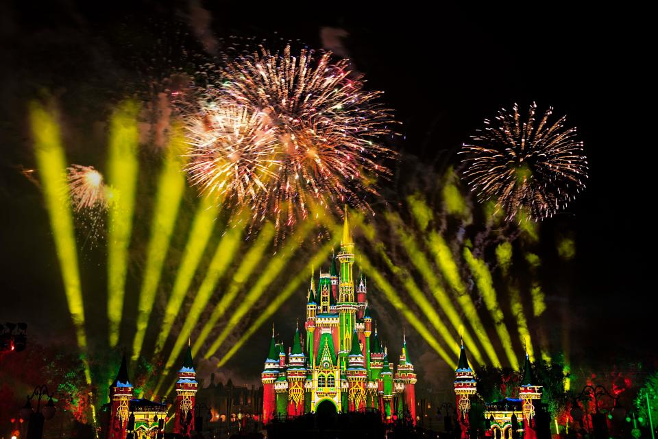 Minnie’s Wonderful Christmastime Fireworks illuminate Cinderella Castle during Mickey's Very Merry Christmas Party.