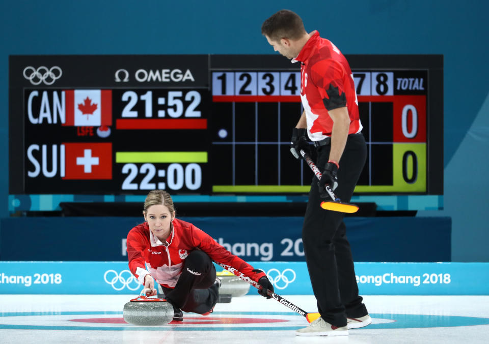 Kaitlyn Lawes and John Morris of Canada deliver a stone against Switzerland during the Curling Mixed Doubles Gold Medal Game in PyeongChang on Feb. 13, 2018. Jamie Squire—Getty Images